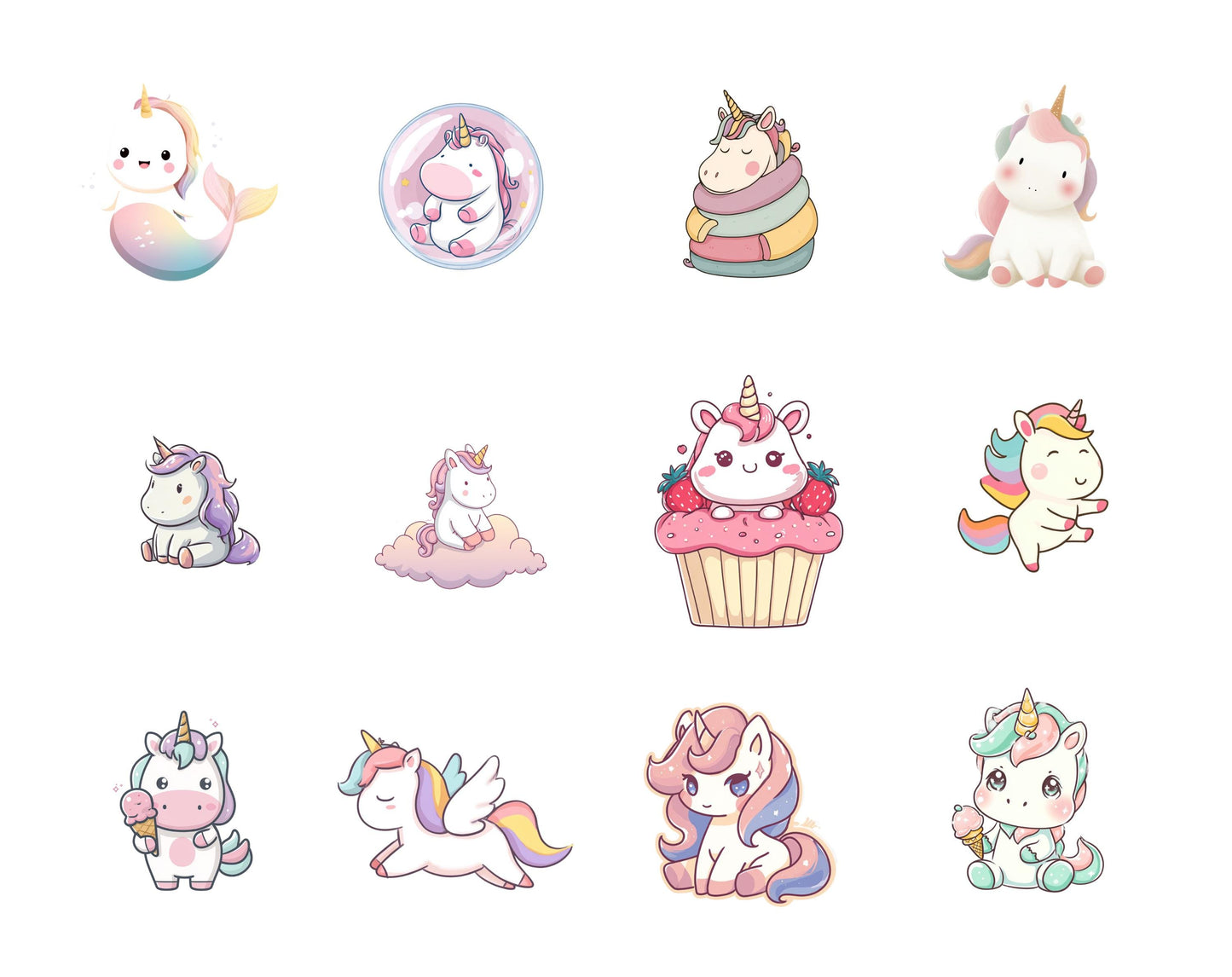 Kawaii Unicorn Clipart Bundle png, Cute Unicorn Clipart, Little Pastel Unicorns, Nursery Art,  Magic Horse png, Kawaii Rainbow Unicorn png
