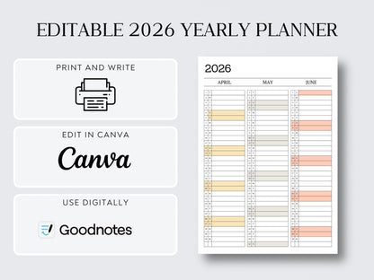 Jahreskalender 2026 zum Ausdrucken | Minimalistischer 12-Monats-Kalender | A4-PDF | Vertikales Monatslayout | Sofort-Download