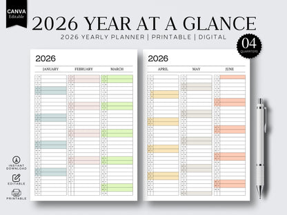 Jahreskalender 2026 zum Ausdrucken | Minimalistischer 12-Monats-Kalender | A4-PDF | Vertikales Monatslayout | Sofort-Download