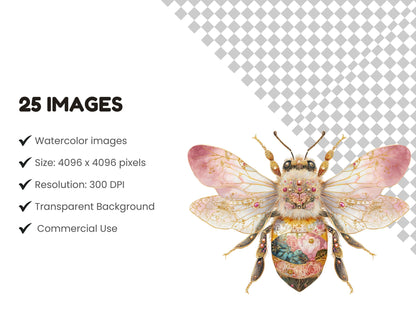 Pink Honey Bee Clipart Bundle, Watercolor Fantasy Pink Honey Bee png, Insect Clipart, Nature Clipart, Cute Bee Clipart, Digital Download