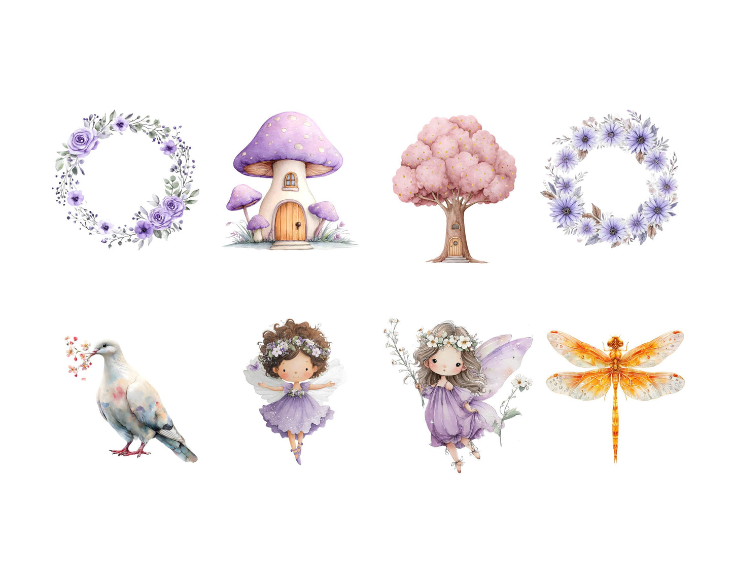 Watercolor Purple Fairies Clipart Bundle, Magical Garden Purple Fairies Clipart, Magical Forest Fairy png, Fairytale Fantasy Fairy House