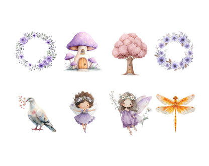 Watercolor Purple Fairies Clipart Bundle, Magical Garden Purple Fairies Clipart, Magical Forest Fairy png, Fairytale Fantasy Fairy House