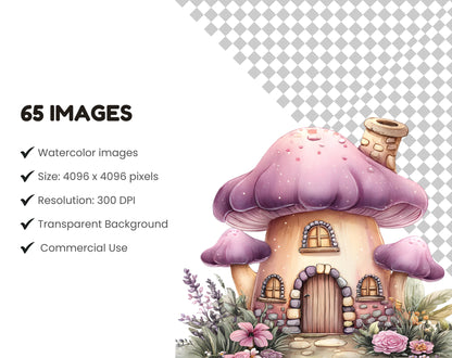 Watercolor Purple Fairies Clipart Bundle, Magical Garden Purple Fairies Clipart, Magical Forest Fairy png, Fairytale Fantasy Fairy House