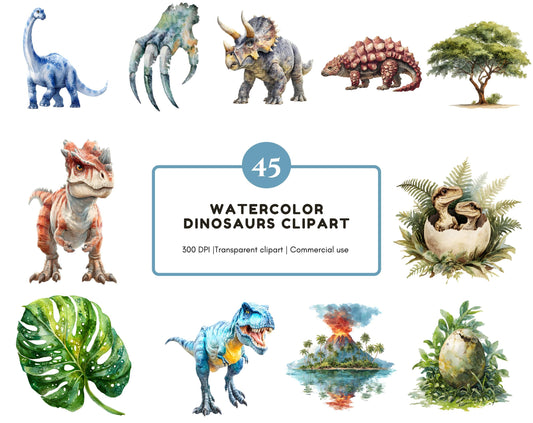 45 Dinosaur Clipart Bundle, Watercolor Dinosaur png, Jurassic Dino Clipart, Prehistoric Illustration, Commercial Use, Digital Download