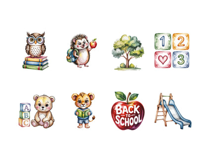 Back To School Animal Clipart Bundle, Cute Animal Back To School png, Nursery Preschool Toddlers Animal Clipart, School Supplies Clipart