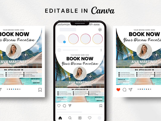 Travel Agent Flyer Template, 1080x1080px, Canva Editable, Marketing Templates, Instagram Square