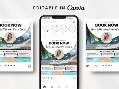 Travel Agent Flyer Template, 1080x1080px, Canva Editable, Marketing Templates, Instagram Square
