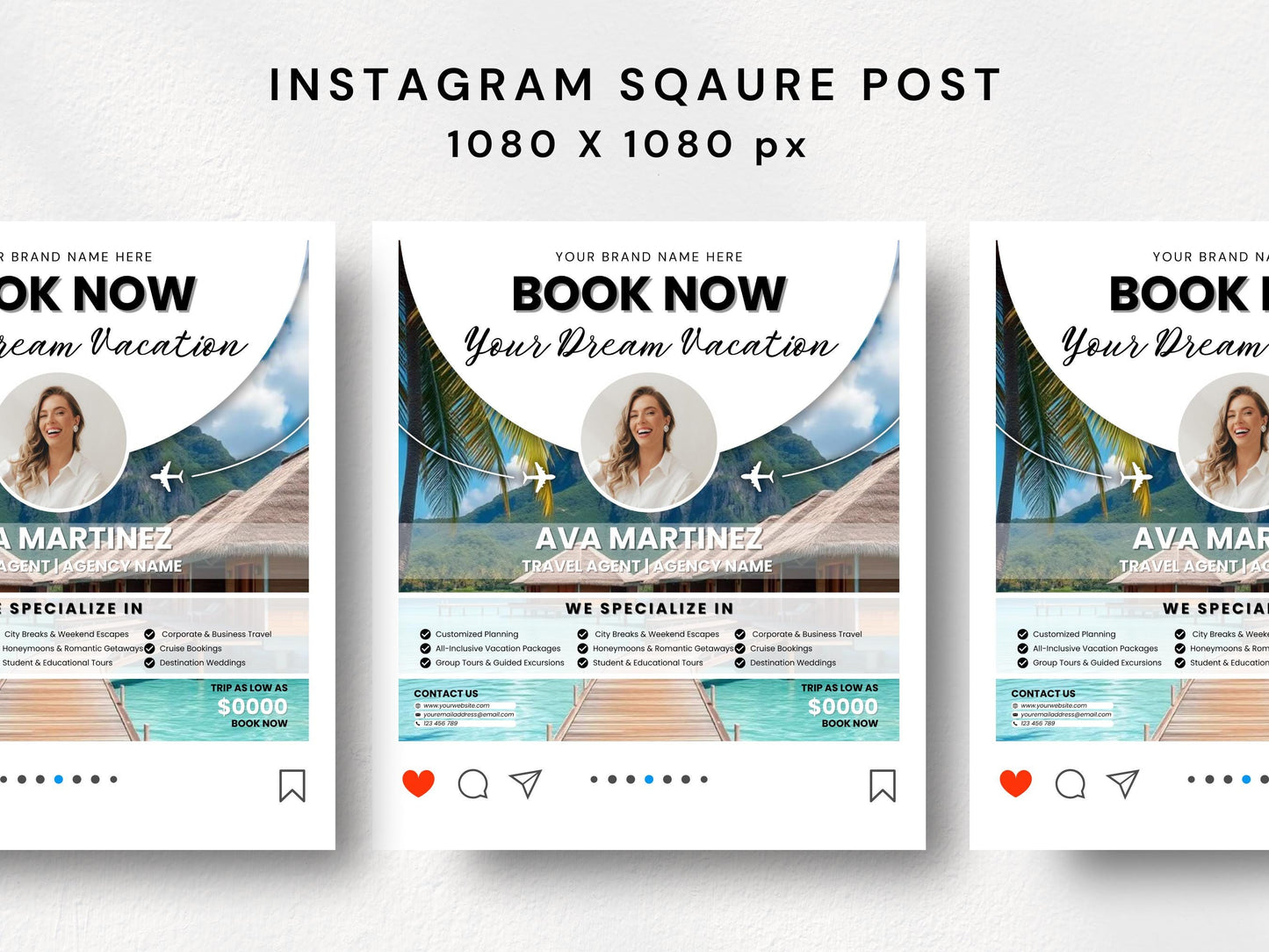 Travel Agent Flyer Template, 1080x1080px, Canva Editable, Marketing Templates, Instagram Square