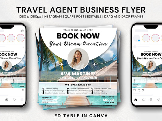 Travel Agent Flyer Template, 1080x1080px, Canva Editable, Marketing Templates, Instagram Square