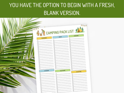 Camping Packing List Printable & Editable, Camping Pack List Template, Packing Checklist, Pack List Planner, Digital Download