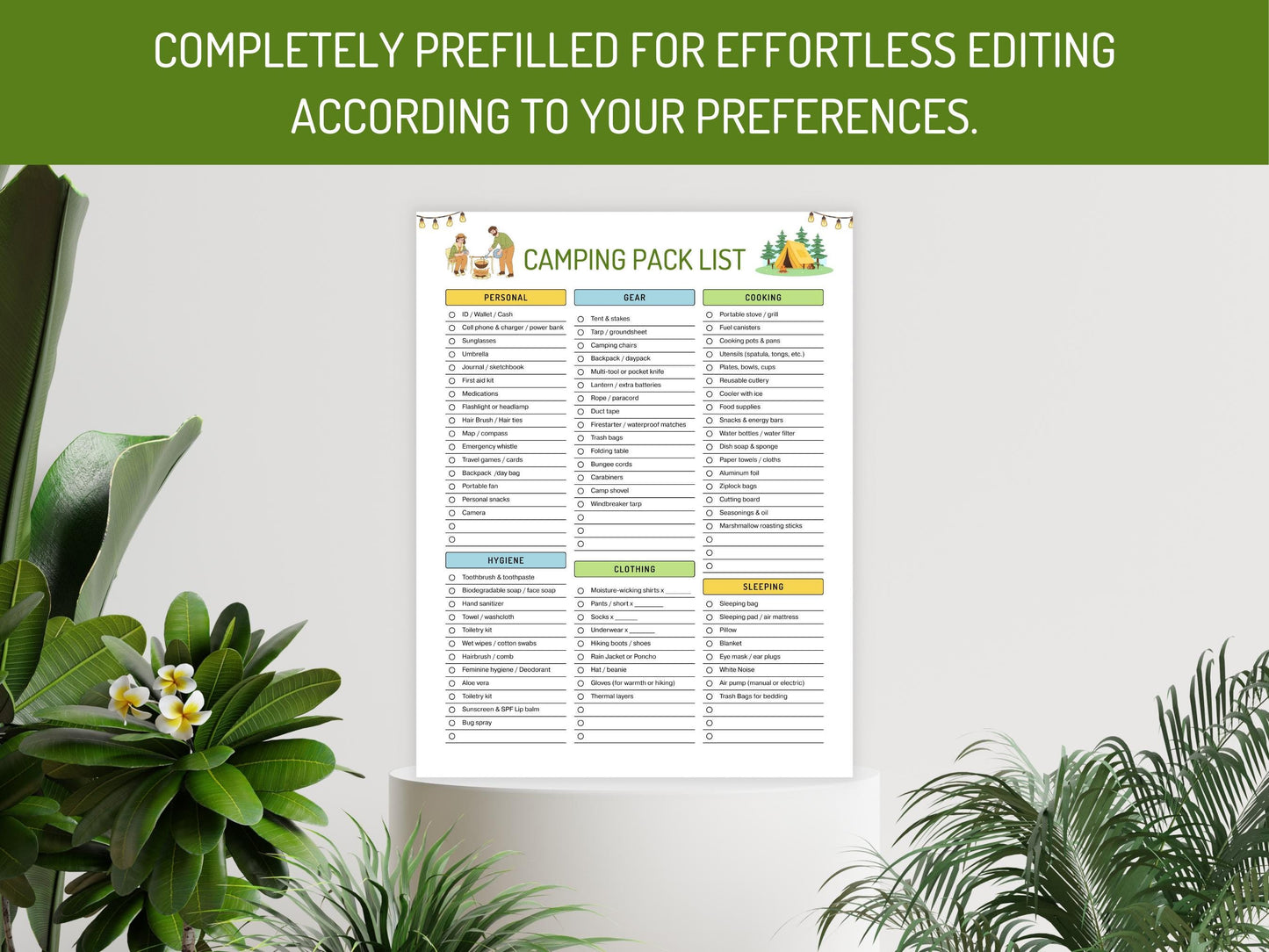 Camping Packing List Printable & Editable, Camping Pack List Template, Packing Checklist, Pack List Planner, Digital Download
