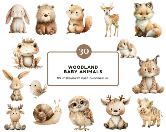 Woodland Animal Clipart Bundle, Watercolor Woodland Baby Animal png, Woodland Portrait Clipart, Baby Shower Clipart, Boho Forest Animal png