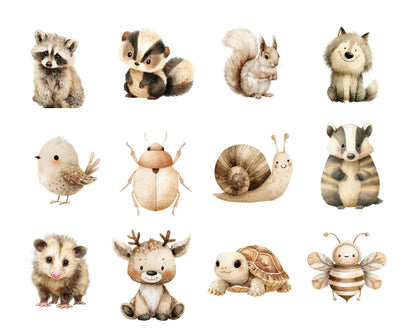 Woodland Animal Clipart Bundle, Watercolor Woodland Baby Animal png, Woodland Portrait Clipart, Baby Shower Clipart, Boho Forest Animal png