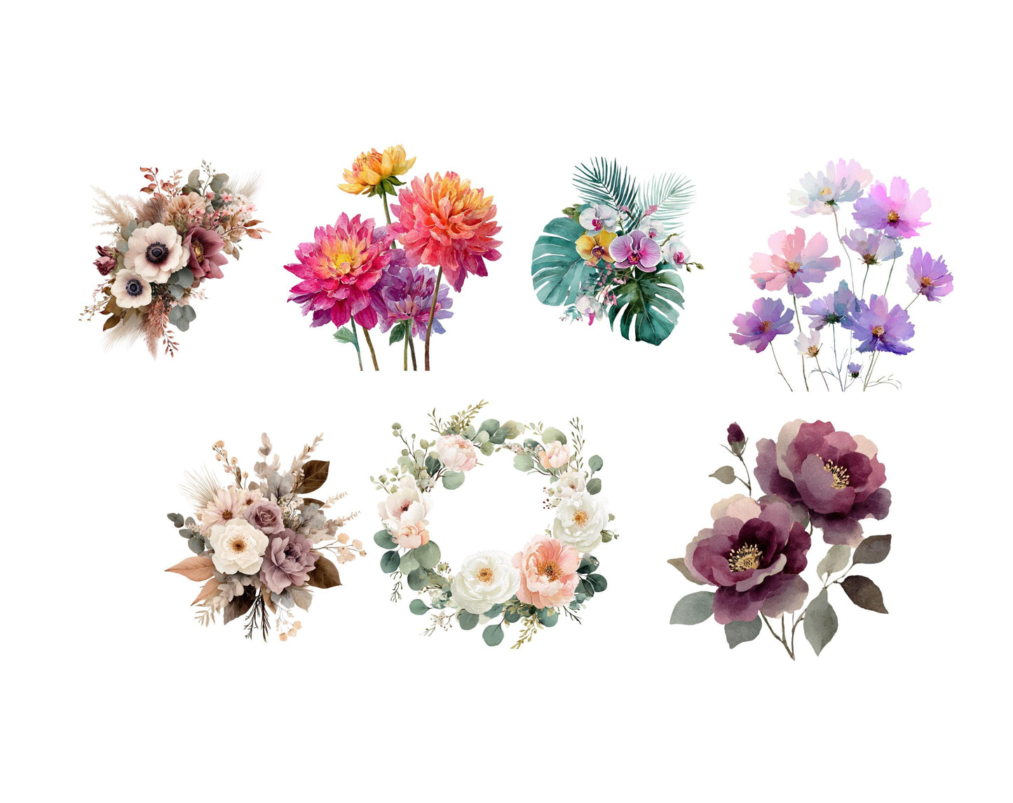 Watercolor Flower Design Clipart Bundle, Floral Pattern Set, Flower png, Flower Digital Download, Floral Boquete Clipart, Commercial Use