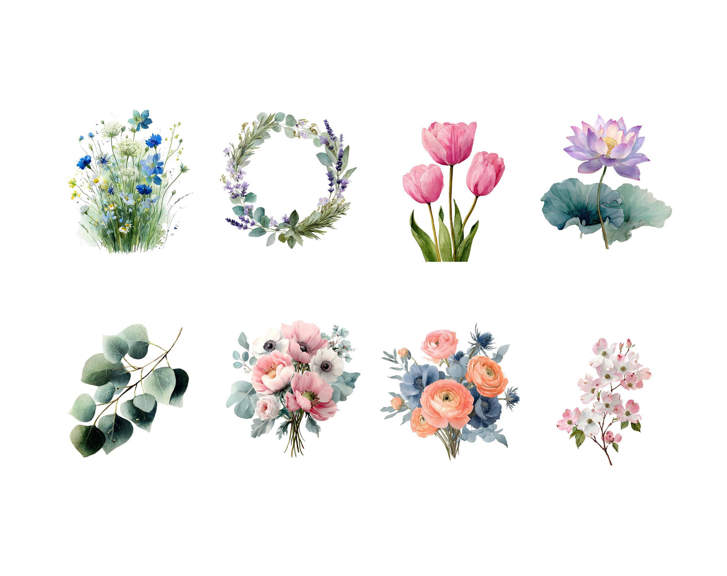 Watercolor Flower Design Clipart Bundle, Floral Pattern Set, Flower png, Flower Digital Download, Floral Boquete Clipart, Commercial Use