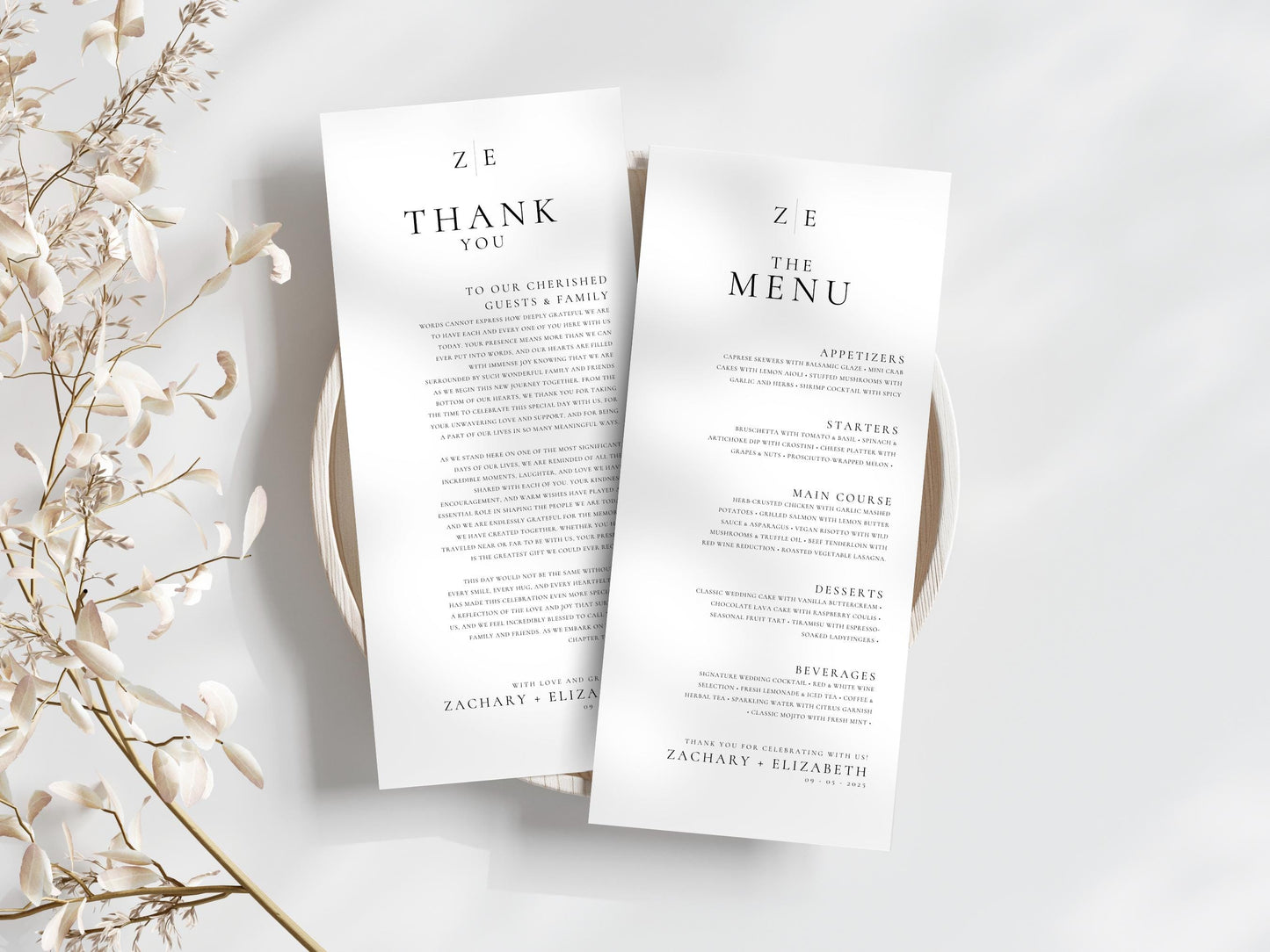 Minimalist Wedding Menu and Thank You Card Template | Modern & Elegant Design | Editable in Canva