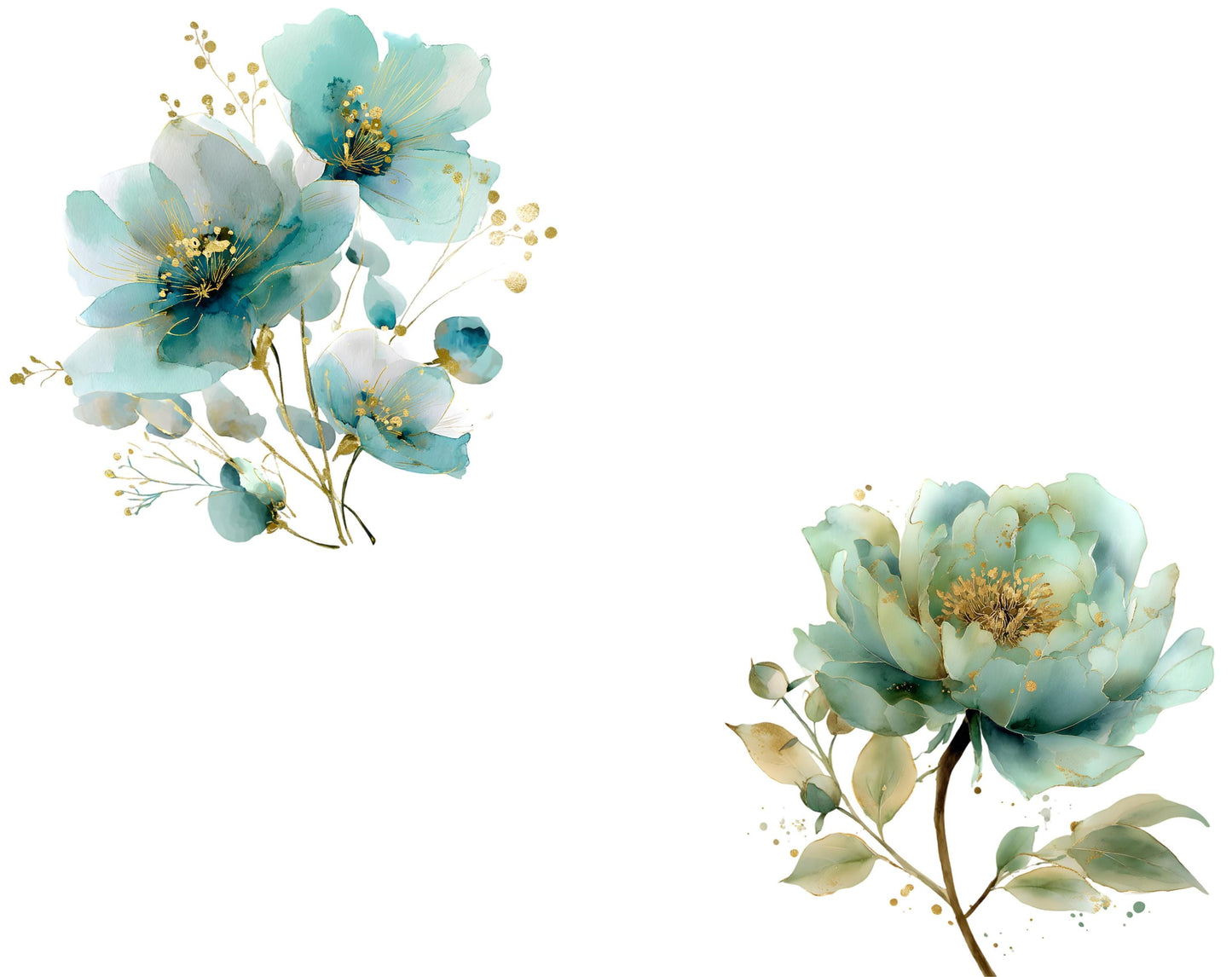 26 abstrakte Blumen-Cliparts, Aquarell-Cliparts mit abstrakten grünen Blumen, florale PNG-Dateien, mintgrüne und goldene Blumen (PNG), digitaler Download