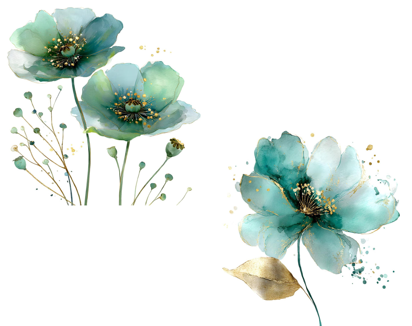 26 abstrakte Blumen-Cliparts, Aquarell-Cliparts mit abstrakten grünen Blumen, florale PNG-Dateien, mintgrüne und goldene Blumen (PNG), digitaler Download