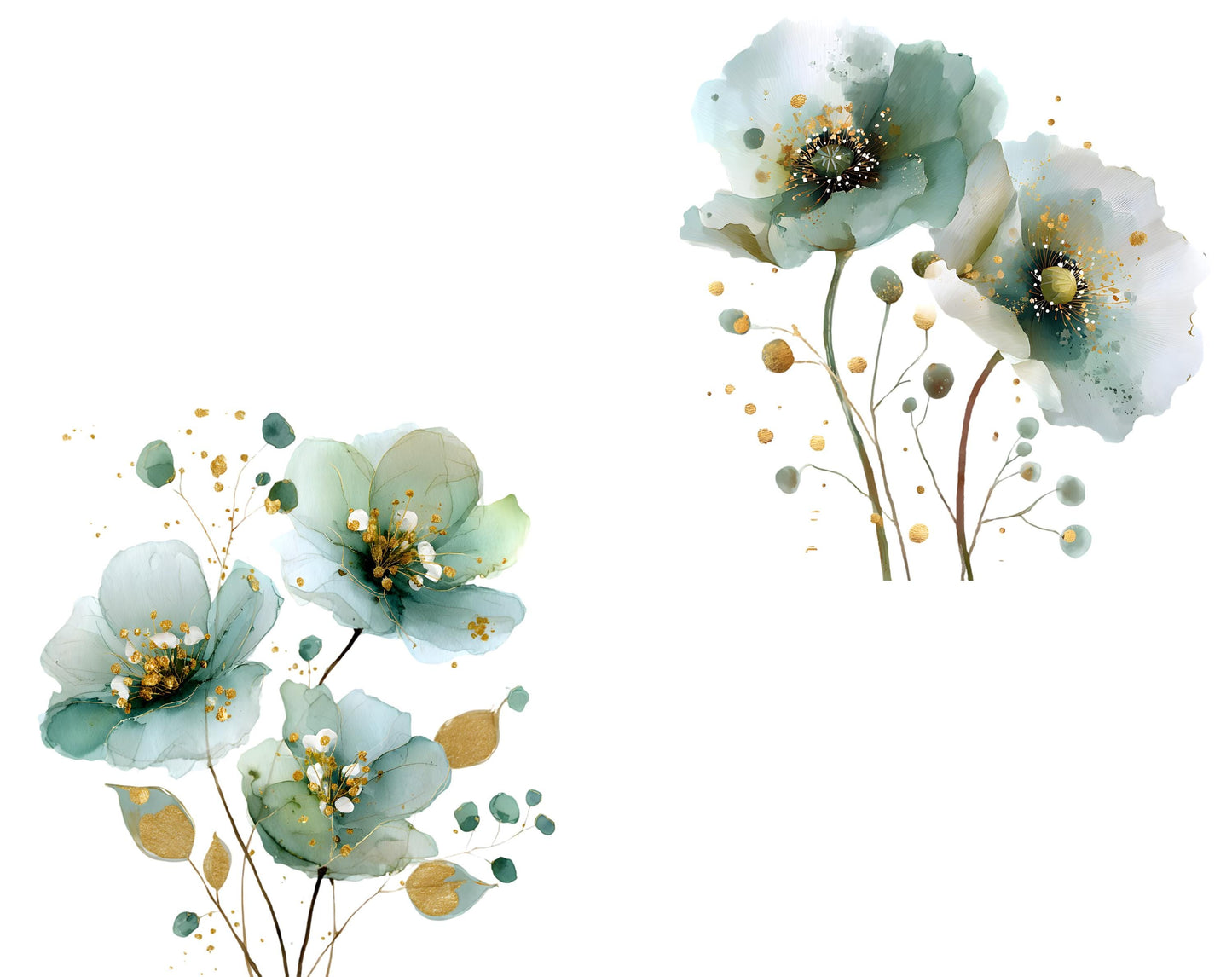 26 abstrakte Blumen-Cliparts, Aquarell-Cliparts mit abstrakten grünen Blumen, florale PNG-Dateien, mintgrüne und goldene Blumen (PNG), digitaler Download