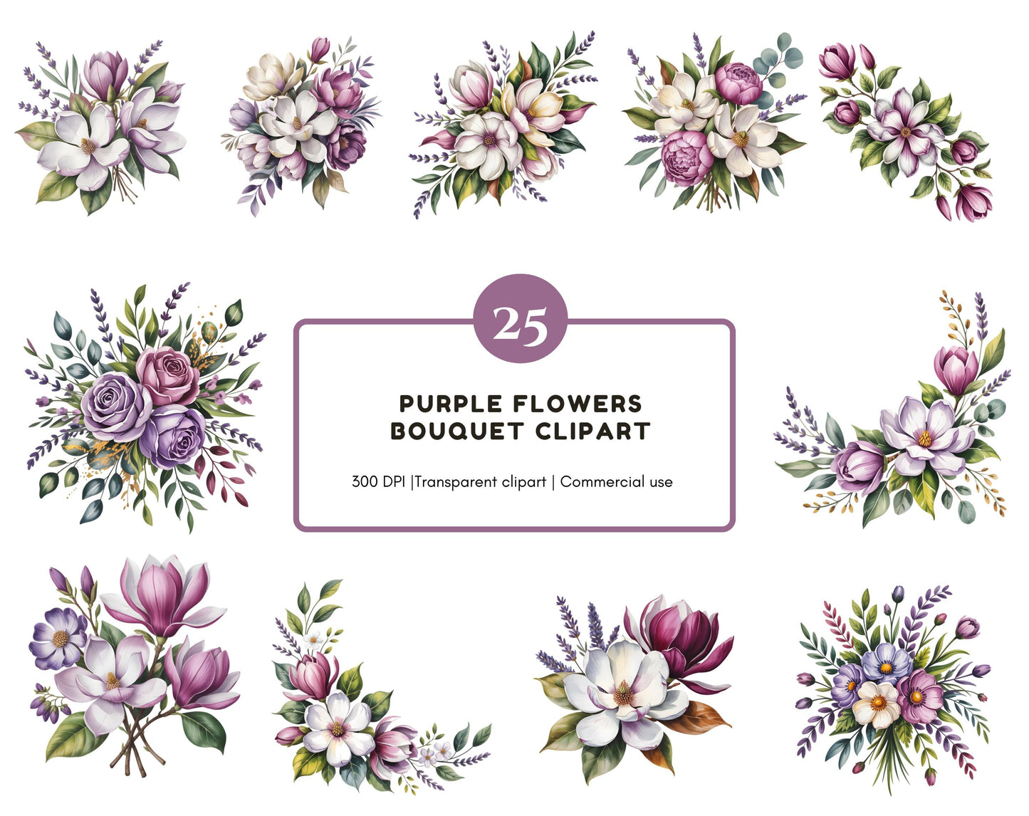 25 Purple Flowers Bouquet Clipart Set, Violet Flower png, Watercolor Purple Flower Clipart, Floral png, High Quality png, Digital Download