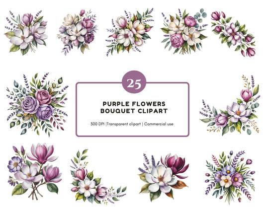 25 Purple Flowers Bouquet Clipart Set, Violet Flower png, Watercolor Purple Flower Clipart, Floral png, High Quality png, Digital Download