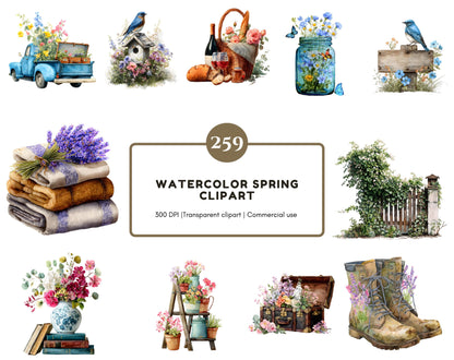 Watercolor Spring Clipart Mega Bundle, Floral Illustration, Bicycle And Blooming Flowers, Gardening And Rustic Clipart, Spring Flower png