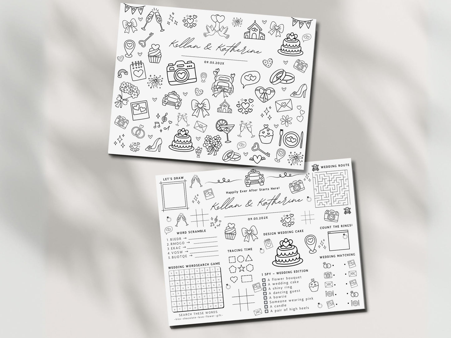 Personalized Wedding Activity Placemat, Kids Coloring Pages (Printable PDF, Editable in Canva)