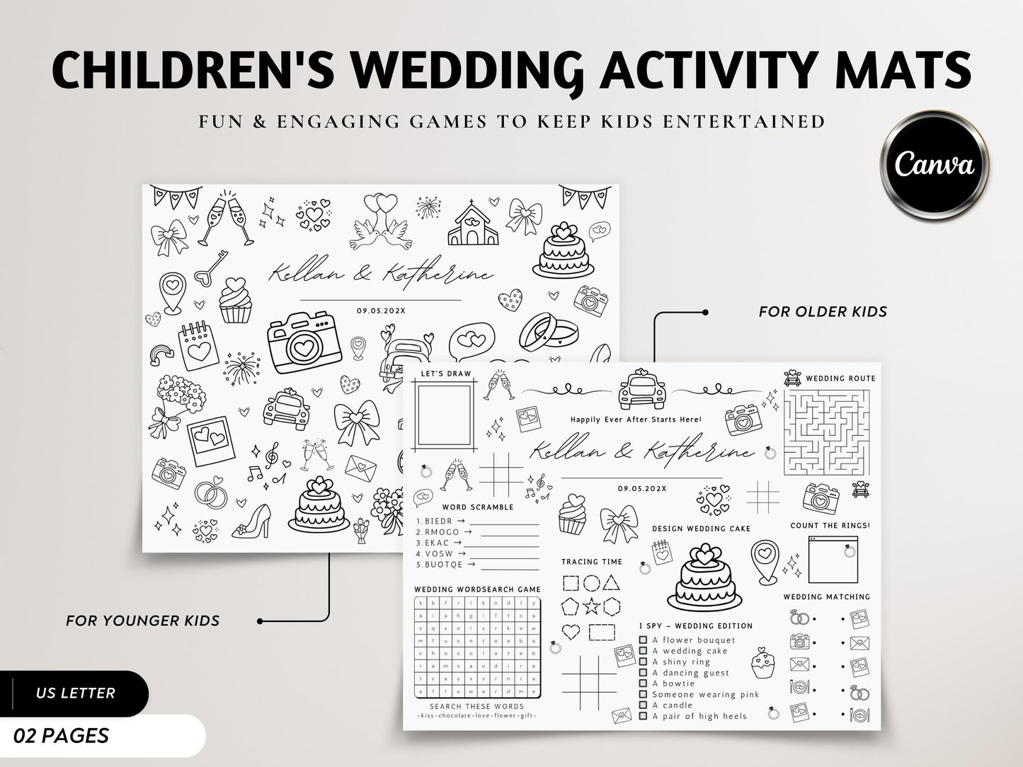 Personalized Wedding Activity Placemat, Kids Coloring Pages (Printable PDF, Editable in Canva)