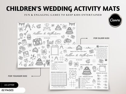 Personalized Wedding Activity Placemat, Kids Coloring Pages (Printable PDF, Editable in Canva)