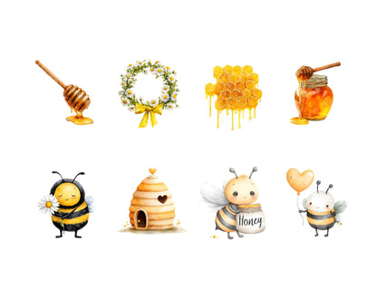 65 Bee Clipart Bundle, Watercolor Bee png Bundle, Floral Wreath, Honey Bee Clipart Set, Honeycomb png, Digital Download