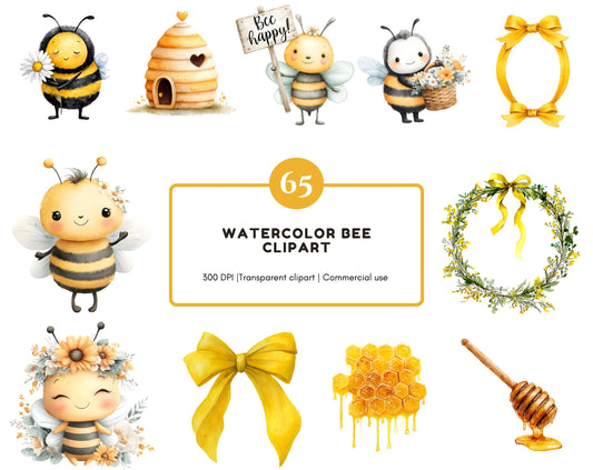 65 Bee Clipart Bundle, Watercolor Bee png Bundle, Floral Wreath, Honey Bee Clipart Set, Honeycomb png, Digital Download
