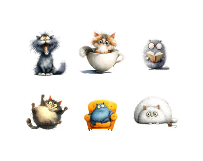 Lustige Katzen-Cliparts im Aquarellstil, niedliche Katzen-PNGs, Katzengrafiken, kommerzielle Nutzung, digitaler Download
