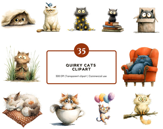 Quirky Cats Clipart Bundle, Watercolor Funny Cat Clipart, Cute Cat png, Cat Graphics Illustration, Commercial Use, Digital Download