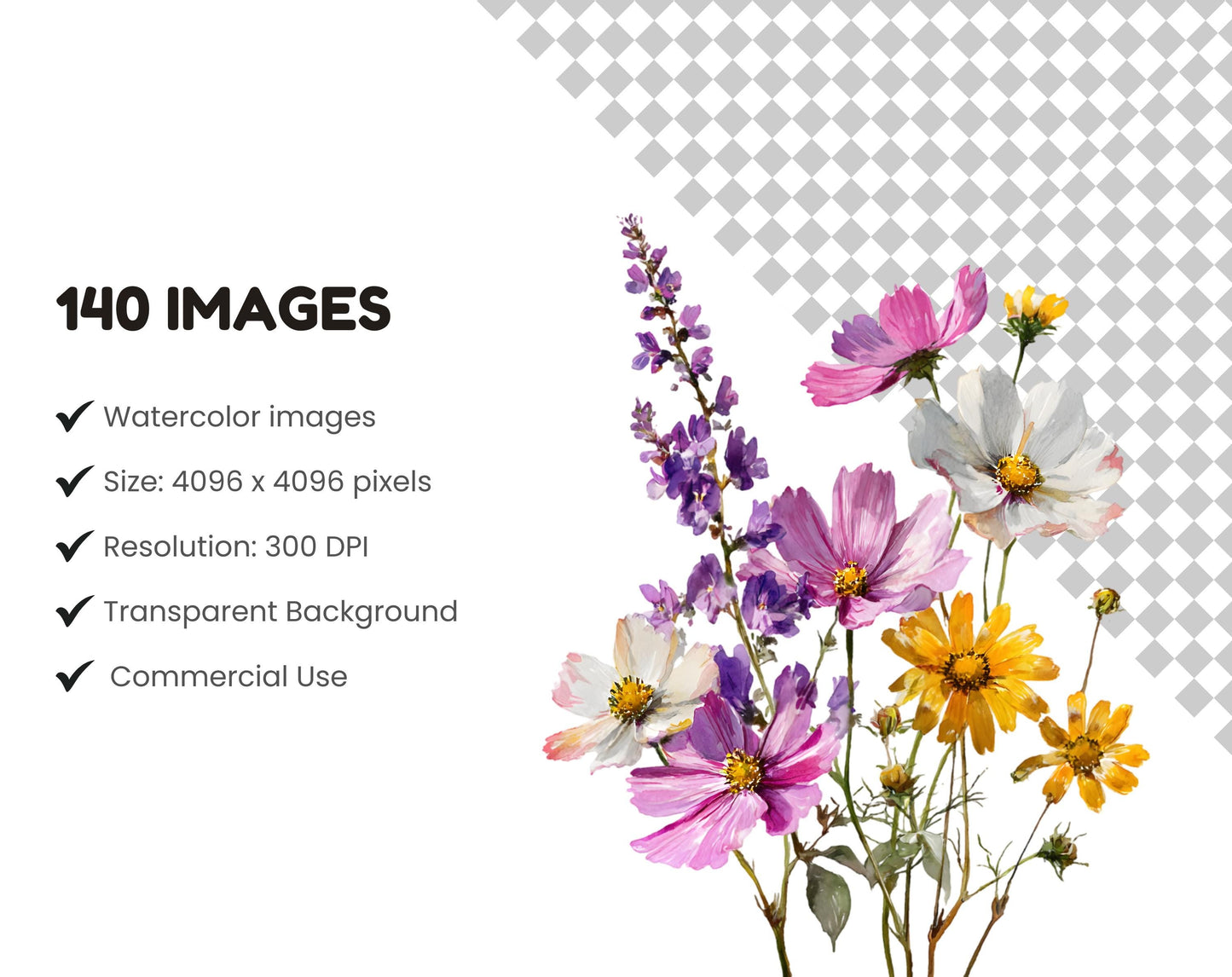 140 Field Flowers Clipart Bundle, Watercolor Wildflower Clipart Set, Floral Wreath png, Colorful Flower Bouquet Clipart, Floral Frame png