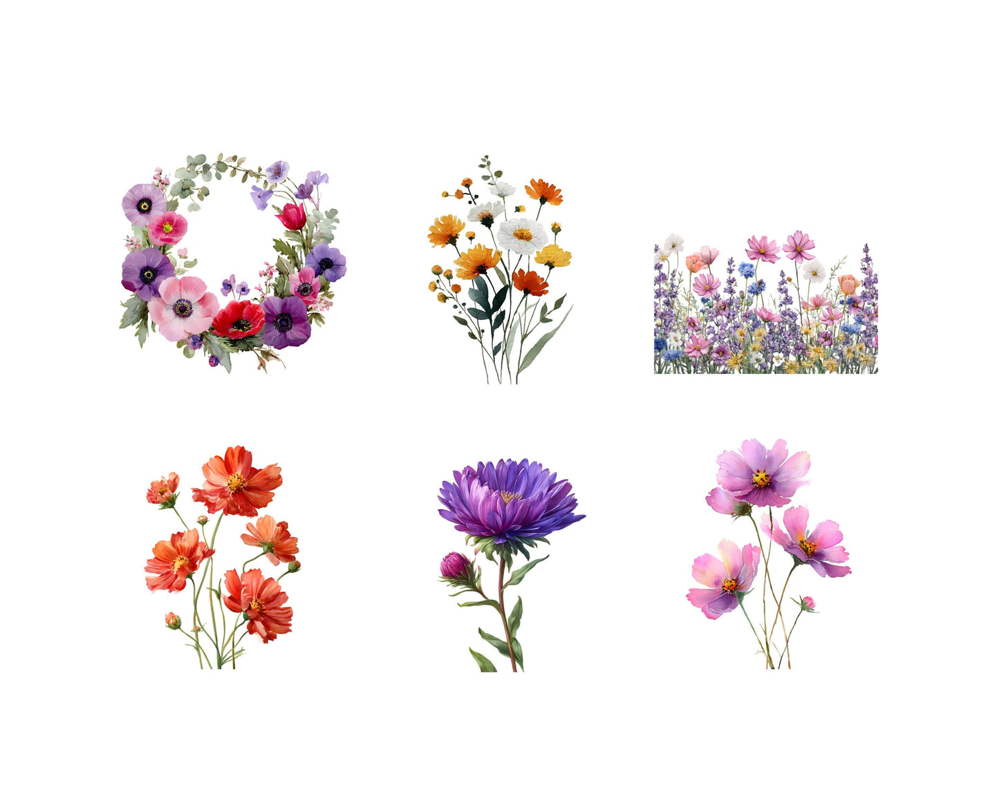 140 Field Flowers Clipart Bundle, Watercolor Wildflower Clipart Set, Floral Wreath png, Colorful Flower Bouquet Clipart, Floral Frame png