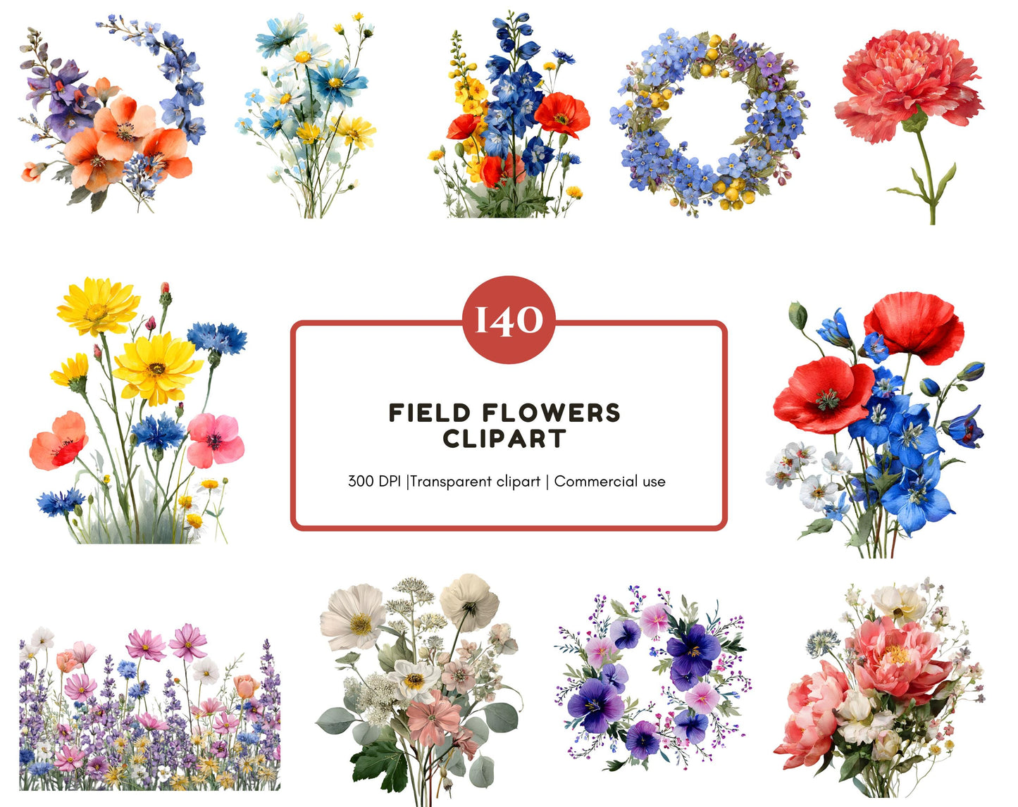 140 Field Flowers Clipart Bundle, Watercolor Wildflower Clipart Set, Floral Wreath png, Colorful Flower Bouquet Clipart, Floral Frame png