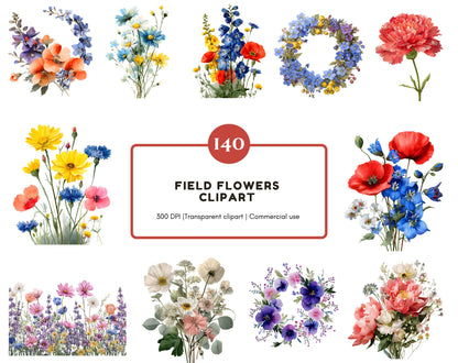 140 Field Flowers Clipart Bundle, Watercolor Wildflower Clipart Set, Floral Wreath png, Colorful Flower Bouquet Clipart, Floral Frame png