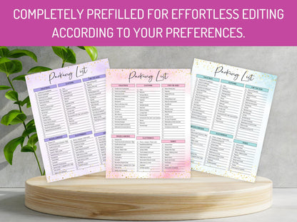 Packing List Template Printable, Editable Pack List, Vacation Packing List, Packing Checklist, Packing List Planner, Kids Packing List