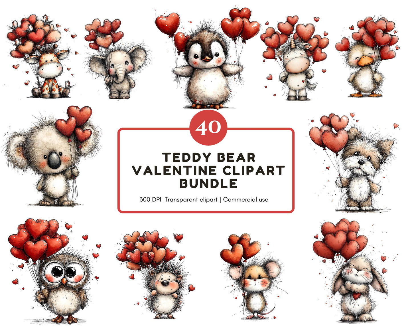 Valentine Teddy Bear Clipart Bundle, Valentine's Day png, Animals With Heart Clipart, Valentine Balloon Clipart, Valentine Animal Clipart