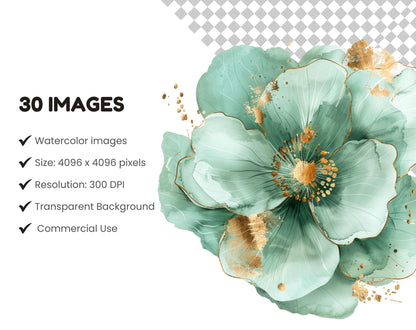 30 Abstract Flower Clipart png Bundle, Green Flower Clipart, Watercolor Floral Clipart, Floral Bouquet png, Commercial Use, Digital Download