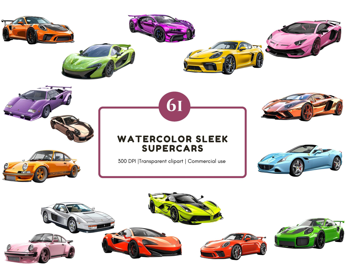 61 Watercolor Sleek Supercars Clipart Bundle, Sports Car Clipart, Cars png, Luxury Car Clipart, Vehicles Clipart, Cars Sublimation Design