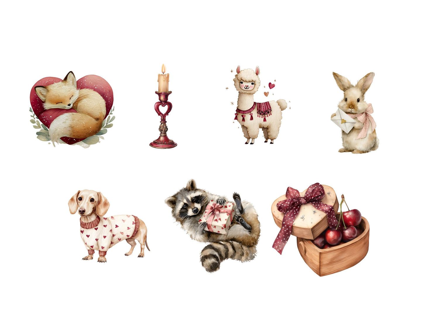 Watercolor Cherry In Love Valentine's Day Clipart Bundle, Cute Valentine Clipart, Valentine Animals png, Romantic Love Clipart, Bow, Gifts