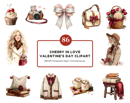 Watercolor Cherry In Love Valentine's Day Clipart Bundle, Cute Valentine Clipart, Valentine Animals png, Romantic Love Clipart, Bow, Gifts