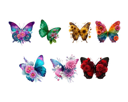 Lot de 55 images clipart de papillons floraux, papillons aquarelle, papillons colorés (PNG), papillons botaniques (PNG), papillons fleuris (PNG)