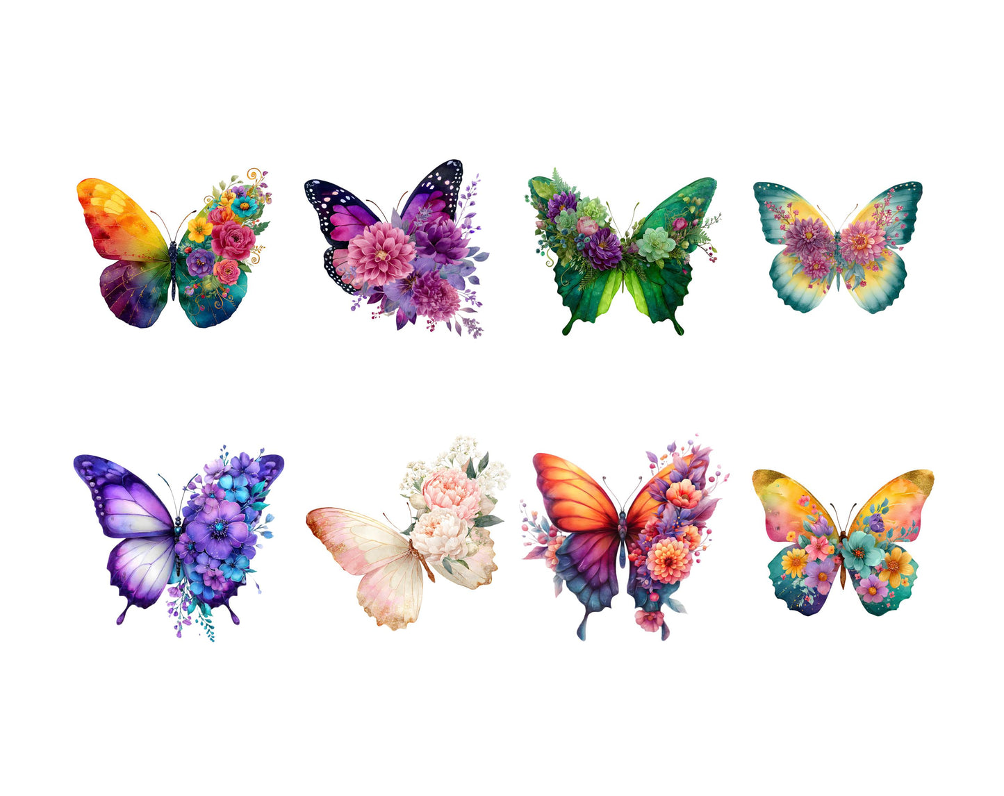 Lot de 55 images clipart de papillons floraux, papillons aquarelle, papillons colorés (PNG), papillons botaniques (PNG), papillons fleuris (PNG)