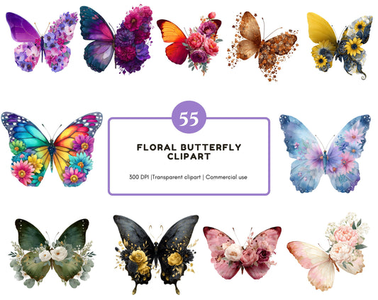 55 Floral Butterfly Clipart Bundle, Watercolor Butterflies Clipart, Colorful Butterfly png, Botanical Butterfly png, Flower Butterfly png