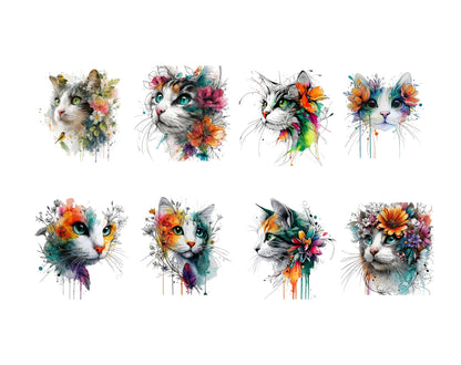 Aquarell-Blumenkatzen-Clipart-Bundle, abstrakte Blumenkatze (PNG), verspielte Katze (PNG), niedliche Blumenkatzen-Clipart, druckbar, digitaler Download