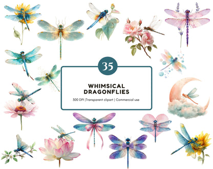 Whimsical Dragonfly Clipart Bundle, Watercolor Dragonflies Clipart, Dragonfly Pattern For Scrapbooking, Sublimation Design, Floral Dragonfly