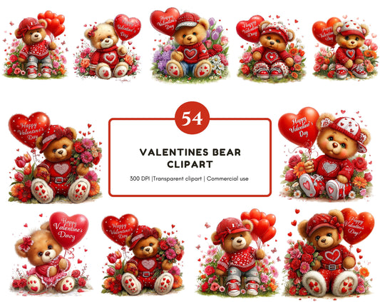 54 Valentine Teddy Bear Clipart, Love Teddy Clipart, Valentine's Day Clipart, Valentine Bear png, Card Making, Paper Craft, Digital Download