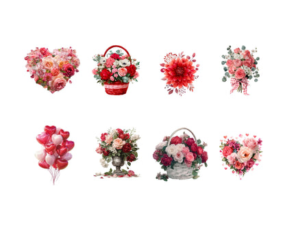 Watercolor Flower Bouquet Clipart Bundle, Valentine Flower Bouquet png, Floral Valentine's Day Clipart, Paper Craft, Love Roses Clipart